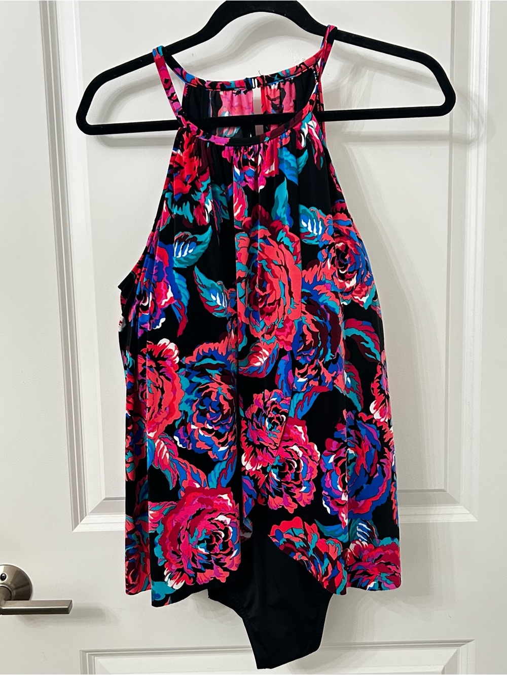 Magicsuit Black Halter One-Piece with Pink Coral & Blue Floral Print